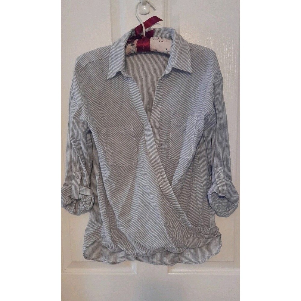 Lucky Brand Xs Pinstripe Wrap Cinched With Roll Up Sleeves Blouse. B43